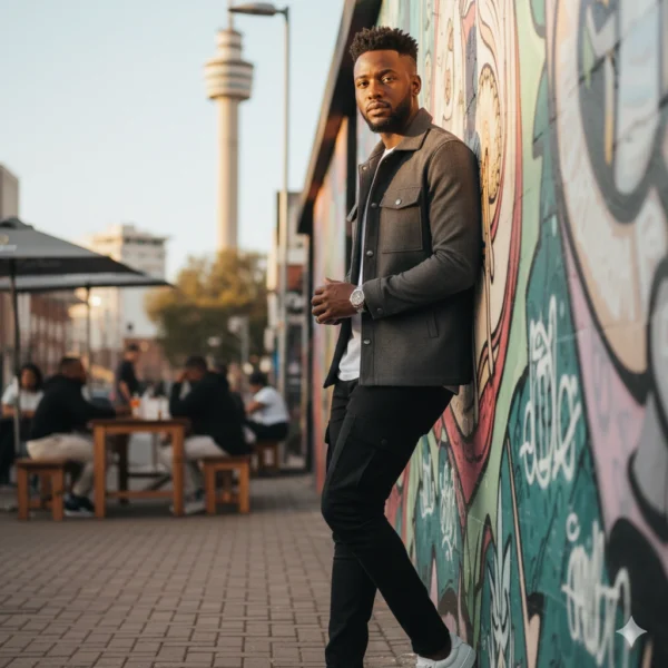 Man wearing grey jacket and black pants leaning against a graffiti wall with the backdrop of Johannesburg