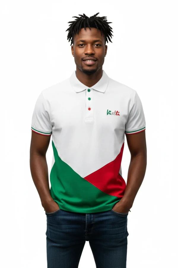 Model wearing Vialli Julie Golfer Polo Shirt facing front on black background.