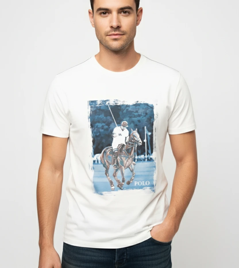 Man wearing a white printed graphic polo tshirt. The graphic is of the polo sport with a ble tint