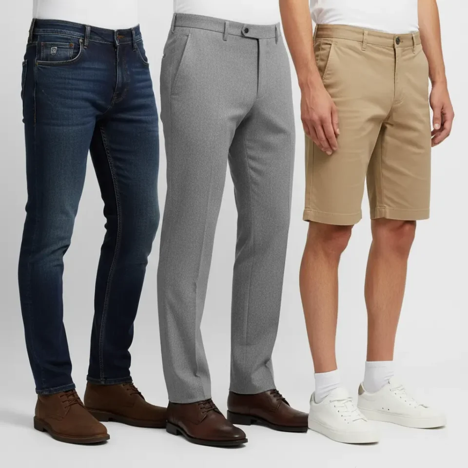 3 men wearing jeans, trousers and shorts