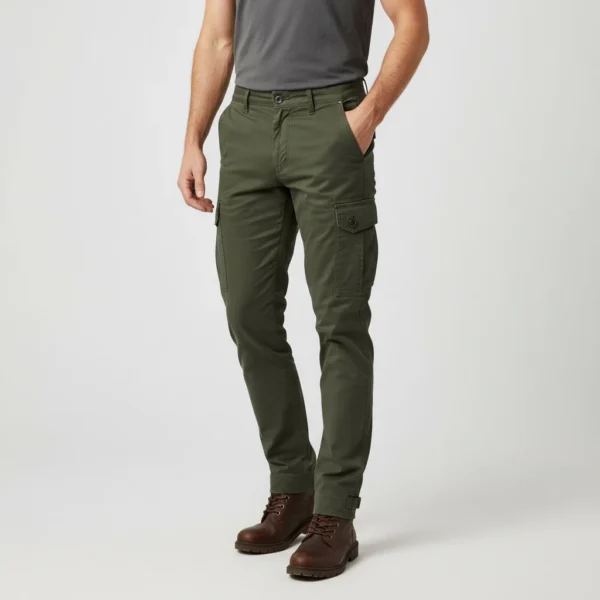 man wearing brown cargo pants. The background is plain. The man's left hand is in his pocket.